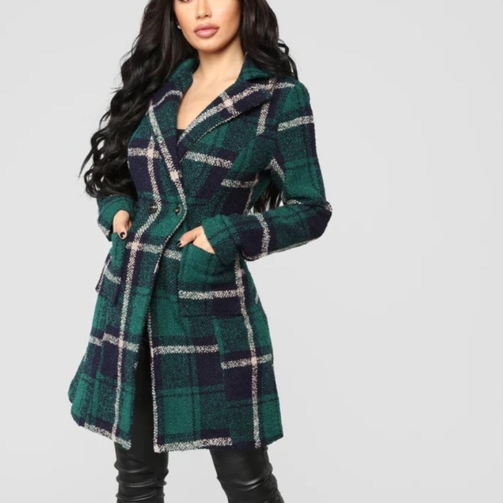 Solitaire green and blue plaid shawl collar buttoned long pea coat sz large new